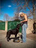 black lab, dog training dog bowl, dog owner, positive reinforcement, blonde woman in hat wearing jeasn with black lab standing on black rubber feed bowls in front of dumpsrer area in a park with trees and blue sky